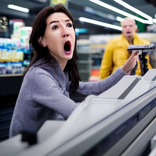 Prompt: alien Karen yelling at the cashier at an interstellar walmart, hyperrealistic 8K HD,