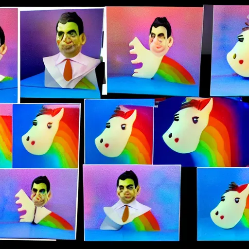 Prompt: Translucent Mr Bean, unicorns, rainbows, cats