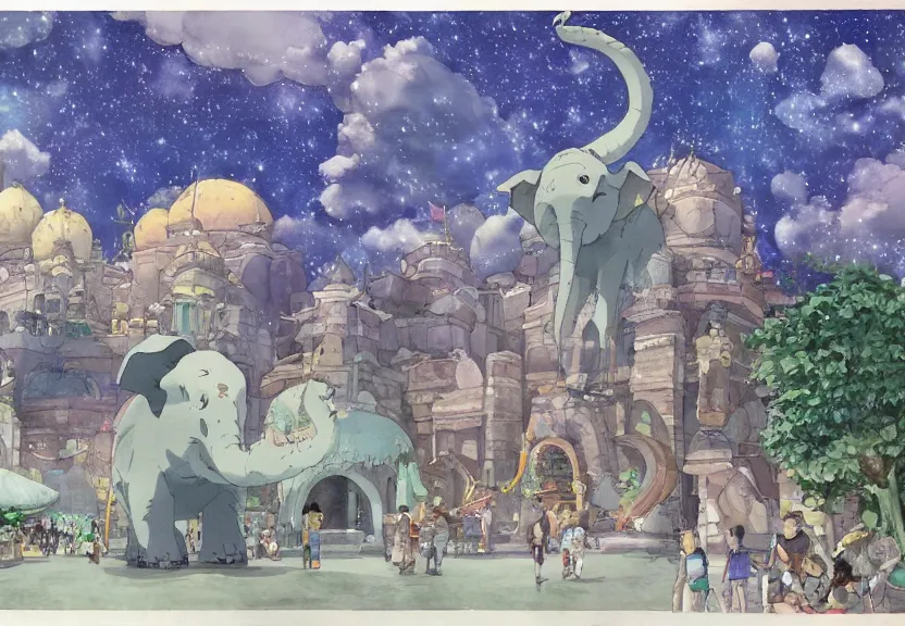 Prompt: a hyperrealist watercolor concept art from a studio ghibli film showing a giant grey dumbo the elephant. a temple is under construction in the background in india on a misty and starry night. by studio ghibli. very dull muted colors