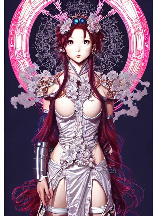 Prompt: highly detailed artgerm artstation minaba hideo fantastic fate katsuhiro otomo manga poster of princess mechine, minaba hideo,, long hair, armor, dress, laces, ruffles, 8 k, fluorescent, maximalist, jump comics, art nouveau, alphonse mucha