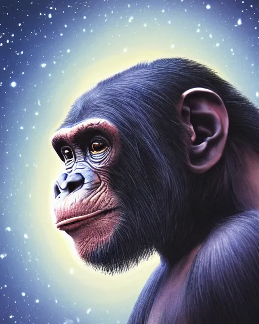 Image similar to very detailed high resolution illustration portrait of a chimpanzee head floating in space, backlit, night covered in stars, 3 d, 8 k, extremely detailed, artstation, furaffinity award winning, sharp focus, illustration, intimidating lighting