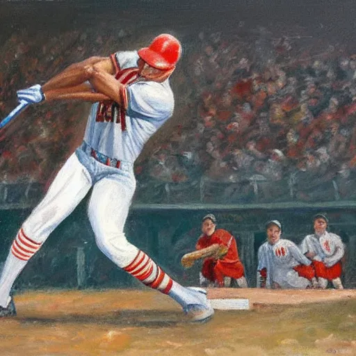 Image similar to baseball player hitting the ball with the baseball bat in the middle of the game and in front of everyone in the stadium, james gurney painting style