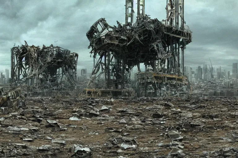 Image similar to An apocalyptic scene of A nestle oil derrick destroyed after the alien invasion, 70mm Imax, Cinematic, Film Still, Directed by Michael bay