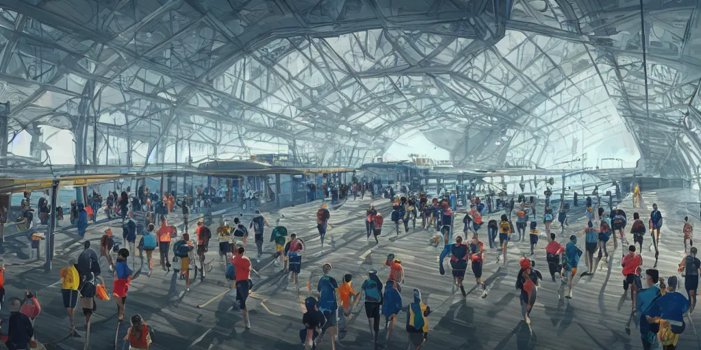 Image similar to Detailed Interior of Staten Island Ferry, Marathon Runners, Dawn Atmosphere, Light Shafts, Concept Art