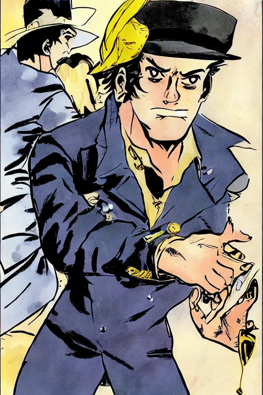 Image similar to jotaro kujo from jojo's bizarre adventure meets corto maltese, comic book, art by hugo pratt