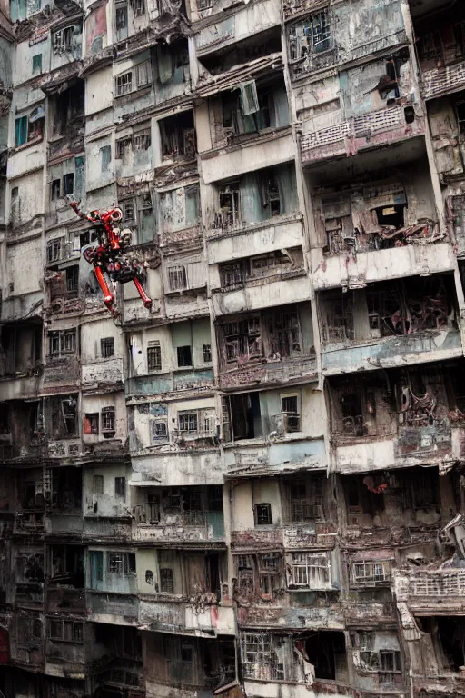 Image similar to long shot of a robot climbing up the side of kowloon walled city, photograph of a climbing robot