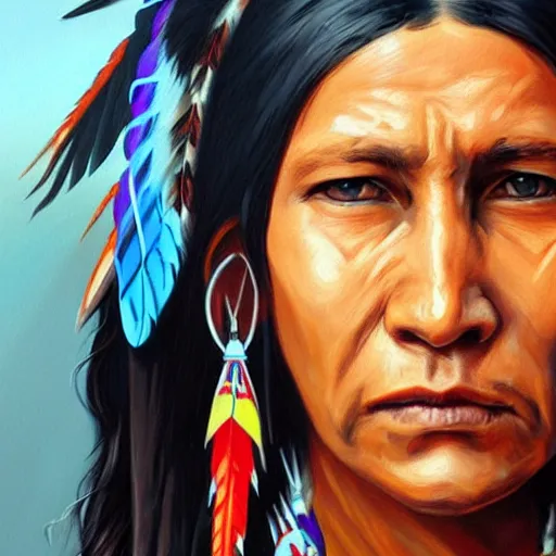 Image similar to painting, native american portrait on tshirt, artstation, detailed