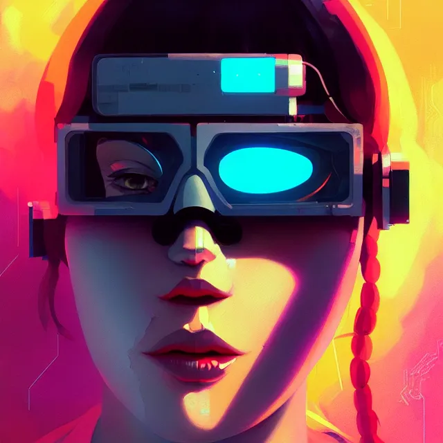 Prompt: a beautiful painting of a cyberpunk blindfolded girl by sachin teng and pascal blanche and ralph mcquarrie and greg rutkowski. in style of conceptual art. colorful comic, film noirs, brush stroke, vibrating colors, hyper detailed. octane render. trending on artstation