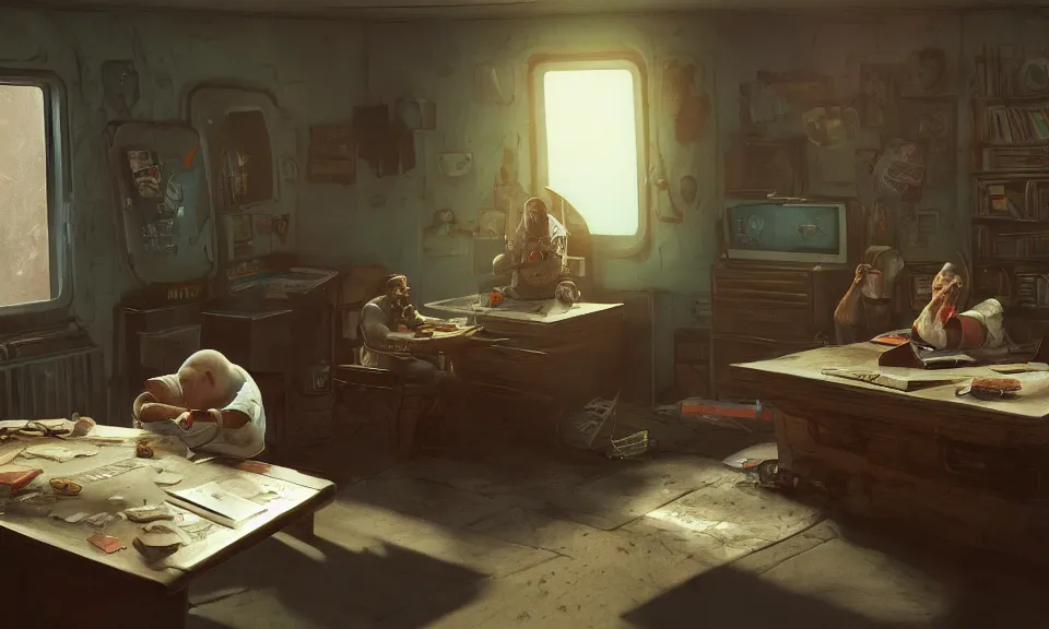 Image similar to artstation scifi scene of a shabby american room in 1 9 7 0 s, a fat boy plays dnd with ghost, unreal engine 5, hyper realism, realistic shading, cinematic composition, blender render, octane render, hdr, detailed textures, photorealistic, wide shot