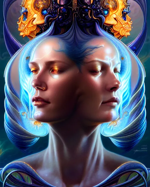 Image similar to a portrait of gemini water and fire fantasy character portrait made of fractals facing each other, ultra realistic, wide angle, intricate details, the fifth element artifacts, highly detailed by peter mohrbacher, hajime sorayama, wayne barlowe, boris vallejo, aaron horkey, gaston bussiere, craig mullins