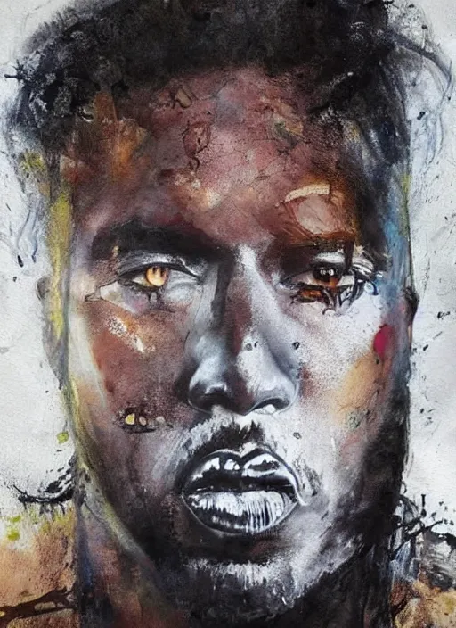 Prompt: ( ( ( ( ( beautiful painting of [ kanye west ], [ kanye west ] concept art, sci - fi illustration, airbrush watercolor painting [ cyberpunk ] ) ) ) ) ) by marlene dumas and archan nair [ hyperrealism ]!!!!!!!