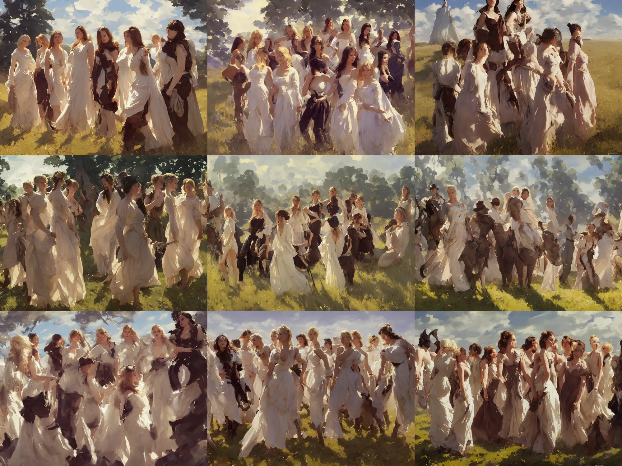 Prompt: group of beautiful finnish norwegian swedish scandinavian attractive glamour models wearing 1 7 th century stays with low neckline walking in the field in a sunny day, jodhpurs greg manchess painting by sargent and leyendecker, studio ghibli fantasy close - up shot asymmetrical intricate elegant matte painting illustration hearthstone, by greg rutkowski by greg tocchini by james gilleard