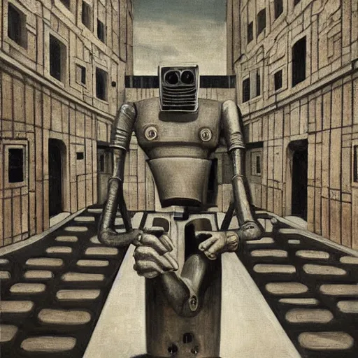 Image similar to weeping robot surrounded by cloaked disciples in masks, brutalist courtyard, colosseum interior, by PJ Crook and Edward Hopper