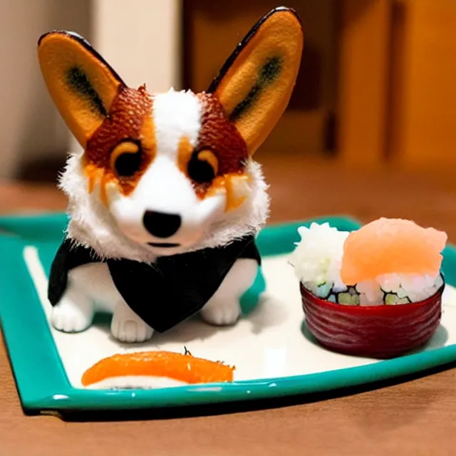 Image similar to a cute corgi lives in a house made of sushi