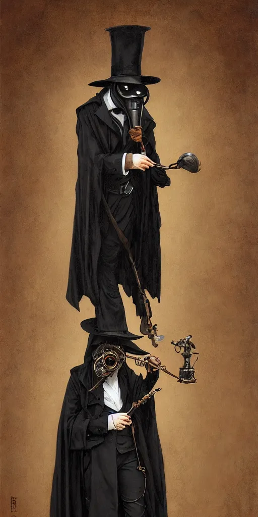 Image similar to portrait of man in black trench coat, wearing a steam punk plague doctor mask and a black top hat, a small wooden flute is held in his right hand. highly detailed, artstation, concept art, by krenz cushart and donato giancola and william adolph bouguereau and alphonse mucha,