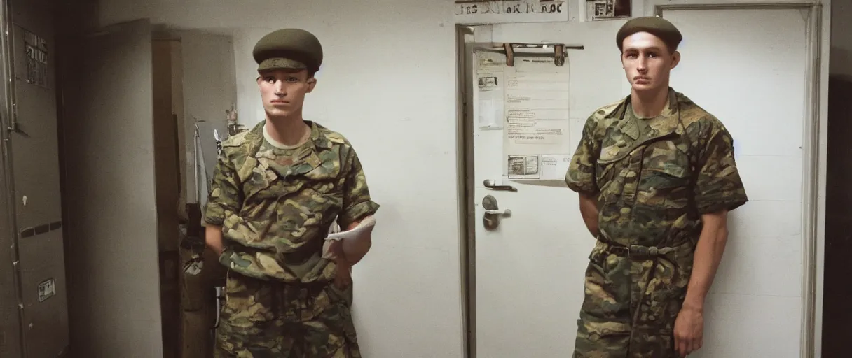 Prompt: a high quality color extreme creepy atmospheric wide dutch angle hd 4 k film 3 5 mm color photograph of a young inexperienced caucasian military man standing in a doorway of a military breakroom in with a clipboard he looks young and experienced in 1 9 8 2