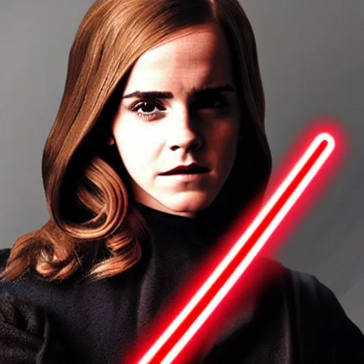 Image similar to emma watson as a sith lord with a red lightsaber