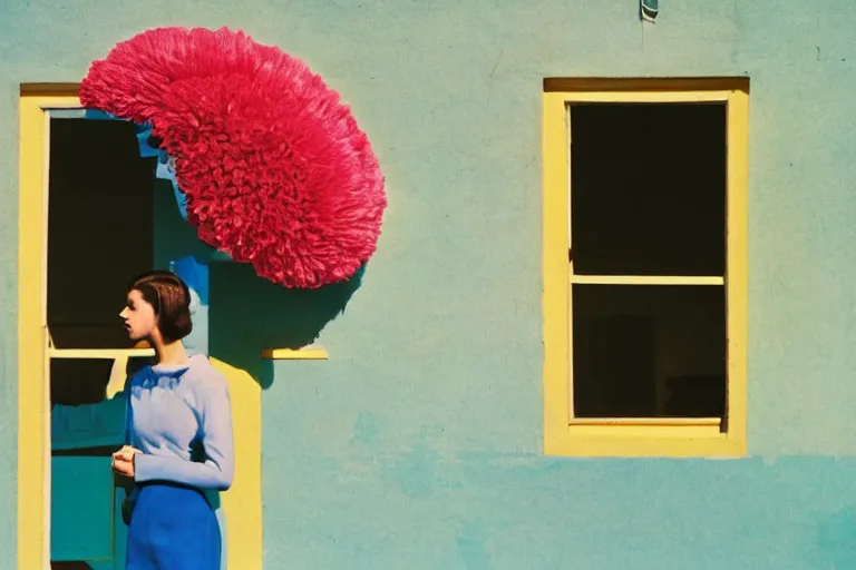 Image similar to giant flower head, girl standing, 1 9 6 0 window, surreal photography, symmetry, mid century, flat perspective, bright colours, blue sky, realistic, wes anderson