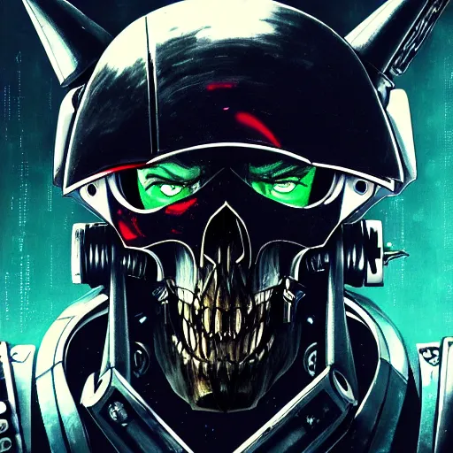 Image similar to close up portrait of a violent 40th century Space Pirate, most wanted warhammer 40k criminal, wolf skull helmet, futuristic data traveler, Ghost in the shell, Akira, cyberpunk vilain, Blade Runner