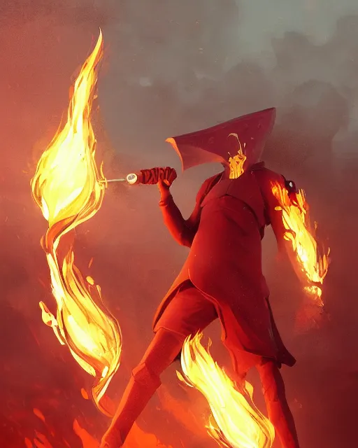 Image similar to humanoid squid squidward wearing fire nation clothing and practicing firebending outside at susnset, [ greg rutkowski ]