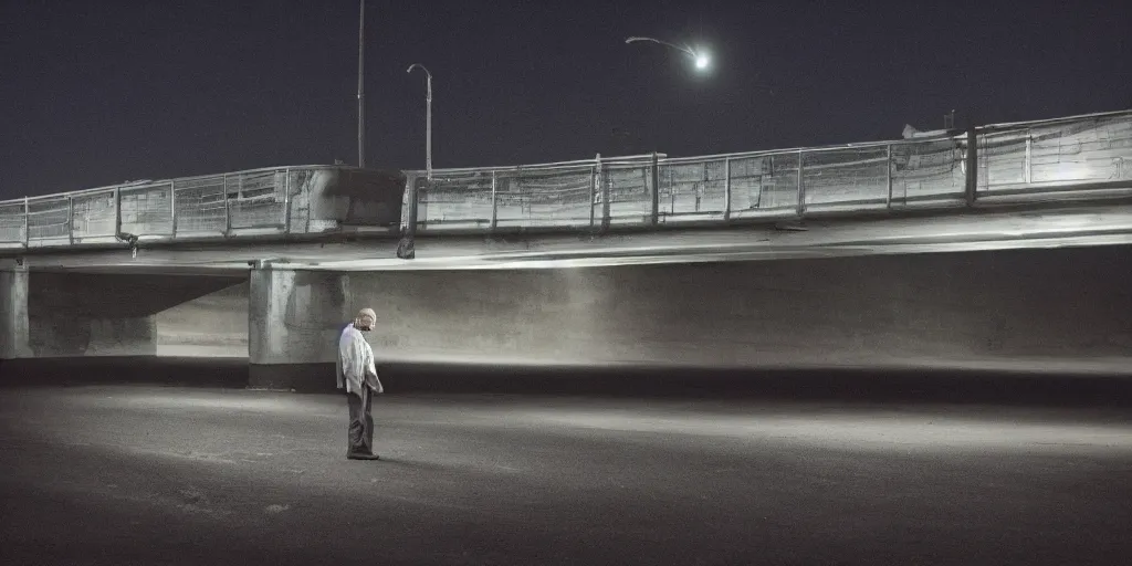 Image similar to a photo of the side of Walter White under a bridge late at night , cinematic,