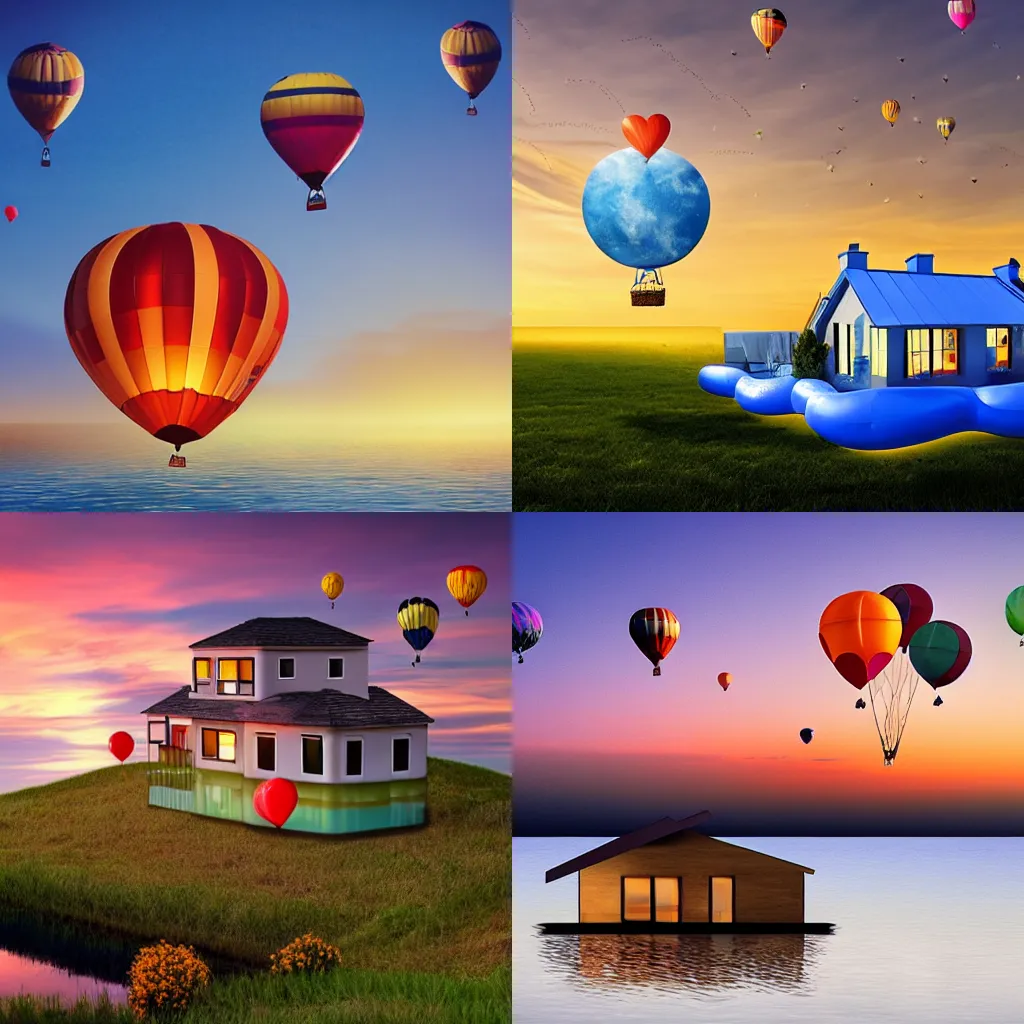 Prompt: a house floating in the skies with balloons on top of it, sunset