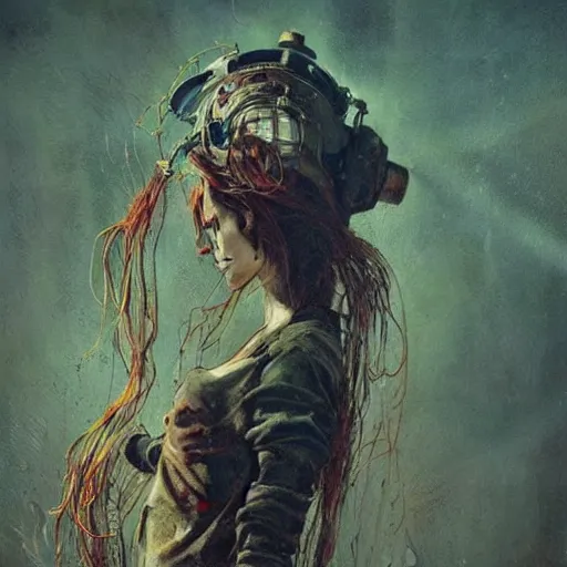 Image similar to riley keough as an apocalyptic wasteland wanderer, steelpunk, abandoned steelworks, grime and grunge, in the style of adrian ghenie, esao andrews, jenny saville,, surrealism, dark art by james jean, takato yamamoto, kodak ektar