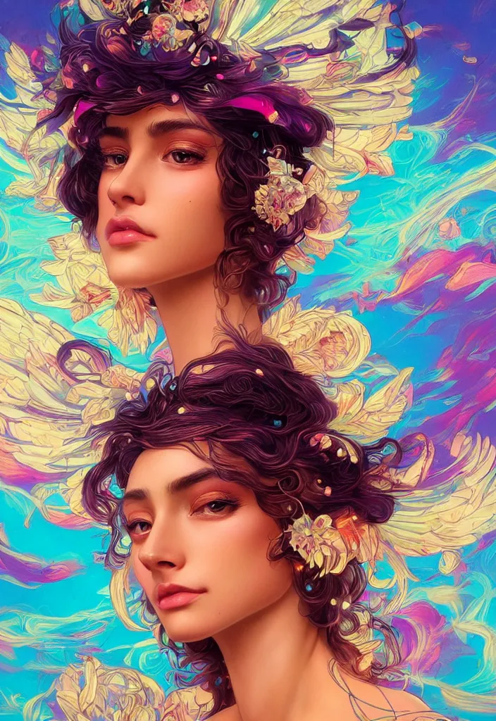 Image similar to beautiful, young woman, detailed gorgeous face, vaporwave aesthetic, synthwave, colorful, psychedelic, water droplets, feathers, crown, artstation, concept art, smooth, extremely sharp detail, finely tuned detail, ultra high definition, 8 k, unreal engine 5, ultra sharp focus, illustration, art by artgerm and greg rutkowski and alphonse mucha