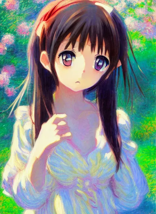 Prompt: an extremely cute girl, very anime, trending artwork, 4 k, anime painter studio, an impressionist style by claude monet