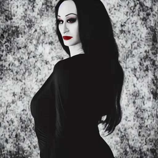 Image similar to dslr portrait photo of morticia addams, f 2. 8, iso 4 0 0,, 4 k, photorealistic, cinematic, masterpiece,