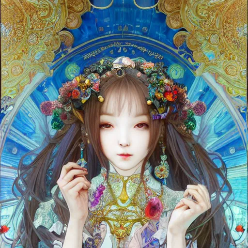 Image similar to a masterpiece ultrarealistic ultradetailed portrait of beautiful love jewelry mecha genius witch girl on fruits street market baroque renaissance. medium shot, intricate, elegant, by stanley artgerm lau, wlop, alphonse mucha, rossdraws, andrei riabovitchev, yoshitaka amano. flower background my james jeand and takashi murakami.