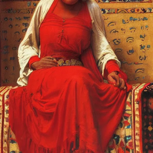 Prompt: orientalist portrait of a moorish woman wearing a red dress selling tapestries by Fabio Fabbi and john william waterhouse and Edwin Longsden Long and Nasreddine Dinet and Theodore Ralli trending on artstation, very coherent symmetrical artwork high detail 8k