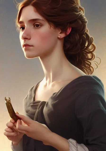 Image similar to hermione, intricate, elegant, highly detailed, digital painting, artstation, concept art, smooth, sharp focus, illustration, art by artgerm and greg rutkowski and alphonse mucha and william - adolphe bouguereau