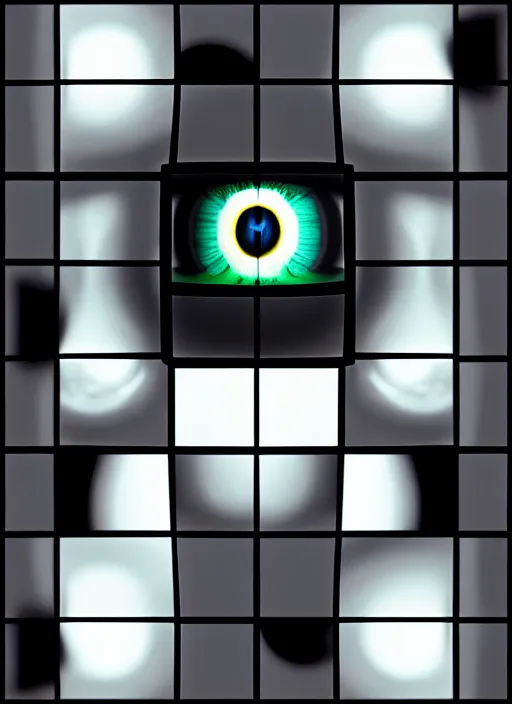 Prompt: grid montage of opticals with cube shaped iris, square shaped black dilated pupils cubes, cube shaped, detailed colored textures, lashes, advanced art, art styles mix, wet reflections in square eyecubes, sunshine light, hd macro photograph, from side, various cube eyelid positions