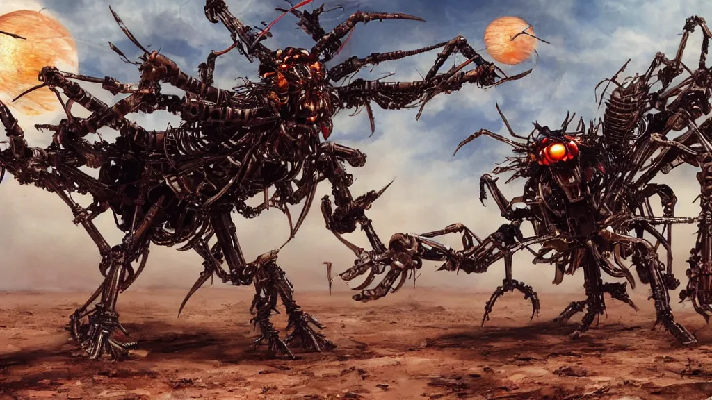 Prompt: a hornet demon fights a giant mechanical spider in a crazy desert, Simon Bisley, james gurney, artstation
