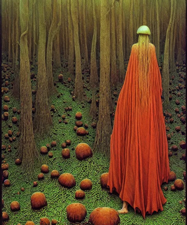 Image similar to A detailed funguswoman stands among the mushroom forest. Wearing a ripped mantle, robe. Perfect faces, extremely high details, realistic, fantasy art, solo, masterpiece, art by Zdzisław Beksiński, Ivan Bilibin, Dariusz Zawadzki