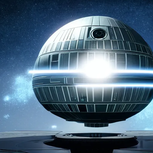 Image similar to death star inspired by star wars movies above the horizon, galaxy and stars in background, highly detailed, photorealistic shot, bright studio setting, studio lighting, crisp quality and light reflections, unreal engine 5 quality render