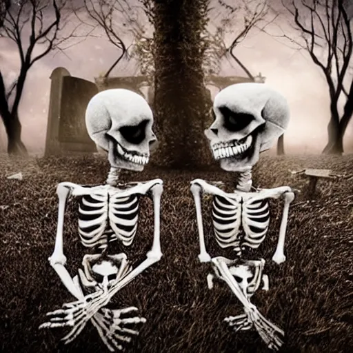 Prompt: A skeleton couple on a date in a spooky graveyard, dark, eerie, romantic, photorealistic