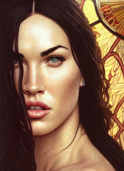 Image similar to portrait of megan fox as a sultry nun, catholic, church, bible, christian, intricate, headshot, highly detailed, digital painting, artstation, concept art, sharp focus, cinematic lighting, illustration, art by artgerm and greg rutkowski, alphonse mucha, cgsociety