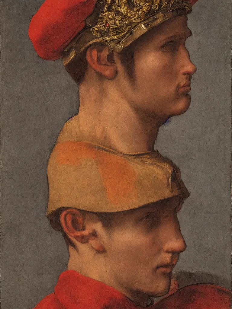 Image similar to portrait of a soldier wearing a crown by michelangelo