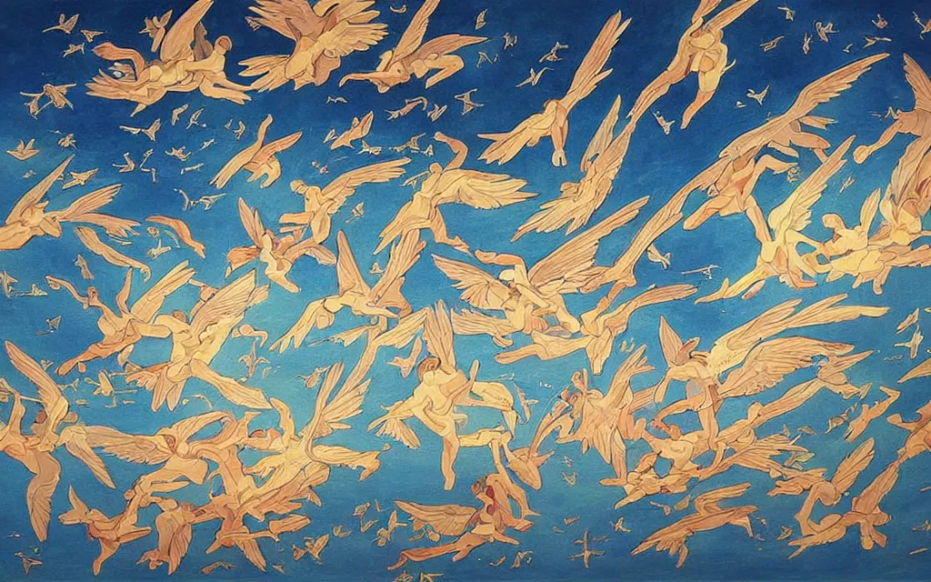 Image similar to vision of angels - a painting of a group of angels flying in formation, their wings creating a beautiful pattern in the sky by qian xuan and austin briggs, style of glossy reflections