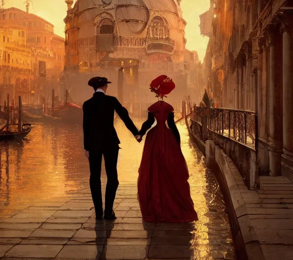 Prompt: photography of a 1 8 th couple in venice with fireworks, deep focus, intricate, elegant, highly detailed, digital painting, artstation, concept art, matte, sharp focus, illustration, art by artgerm and greg rutkowski and alphonse mucha and gil elvgren