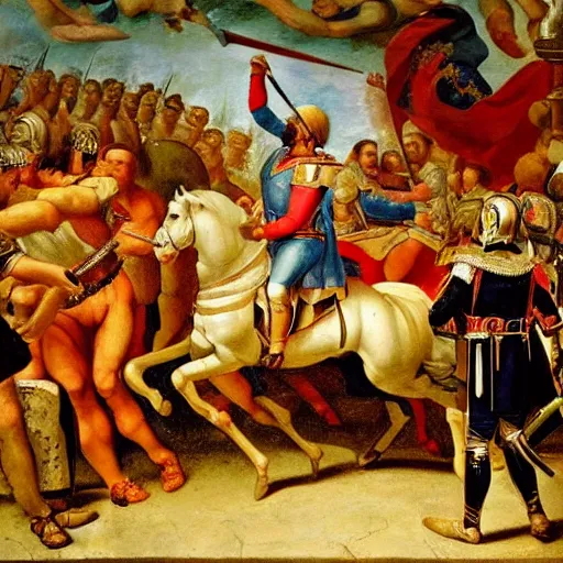 Image similar to a renaissance painting of napoleon's army and the roman army fighting.