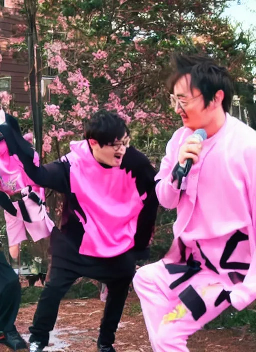 Prompt: joji singing in an scenario while filthy frank dances next to him in a pink outfit