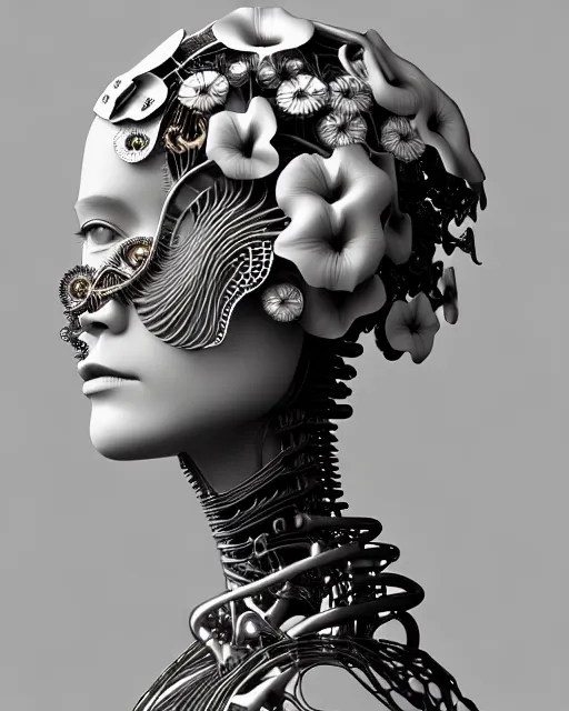 Prompt: bw 3 d render, biomechanical beautiful young female cyborg with a porcelain profile face, analog, big leaves foliage and stems, morning glory flowers, hibiscus flowers, boho floral vines, hexagonal mesh fine wire, sinuous fine roots, alexander mcqueen, art nouveau fashion embroidered, steampunk, mandelbrot fractal, picture taken in 1 9 3 0