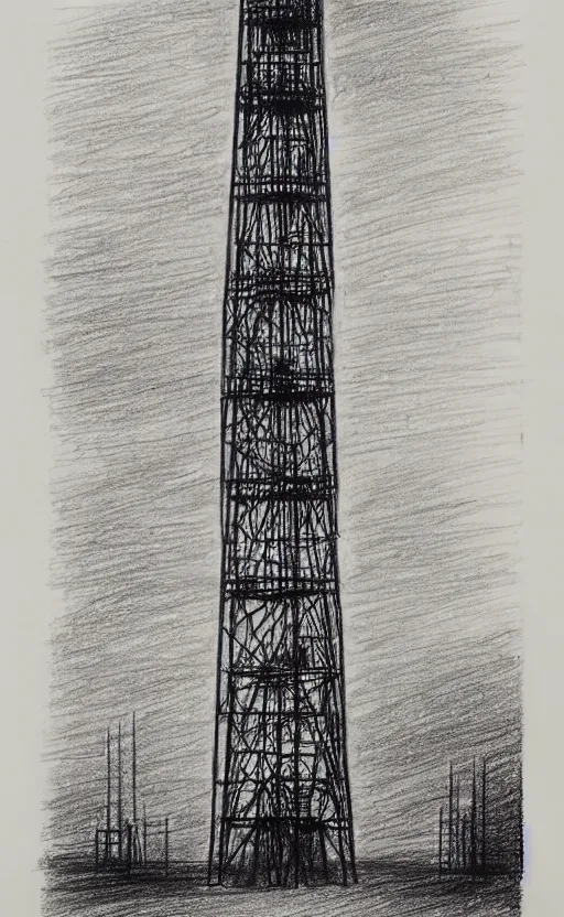 Prompt: a drawing of a tower made of ladders, drawing by hugh ferriss, realistic, on paper