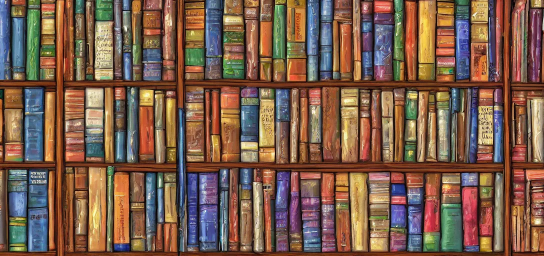 Prompt: a zoomed in photograph of a bookshelf, books with intricate bindings, colorful, photorealistic digital art