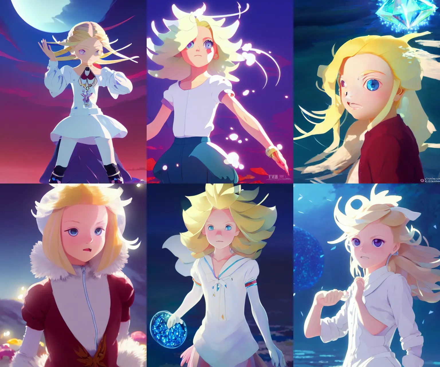 Prompt: young female urchin stealing colorful diamonds, long blonde hair and blue eyes, white puffy outfit, detailed perfect face, exquisite details, mid view, design on a dark crimson background, by studio muti, greg rutkowski makoto shinkai takashi takeuchi studio ghibli, chaos emeralds