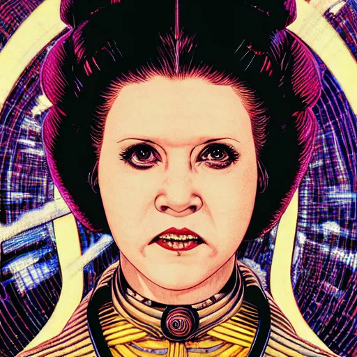 Image similar to portrait closeup of crazy princess leia, symmetrical, by yoichi hatakenaka, masamune shirow, josan gonzales and dan mumford, ayami kojima, takato yamamoto, barclay shaw, karol bak, yukito kishiro