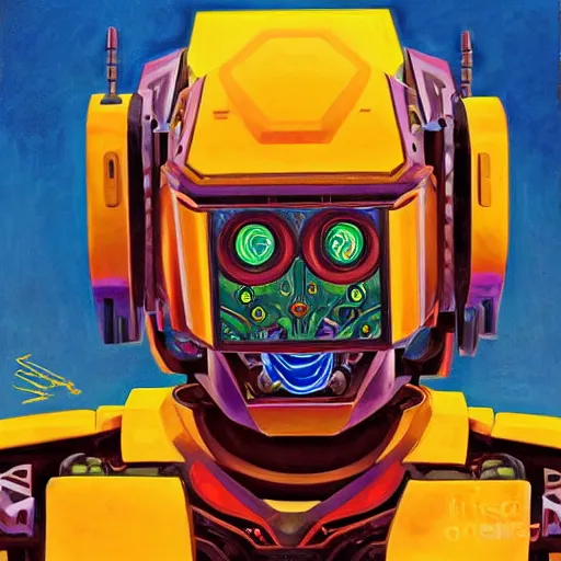 Image similar to portrait of a colourful tribal mecha robot, symmetrical, painting by drew struzan,